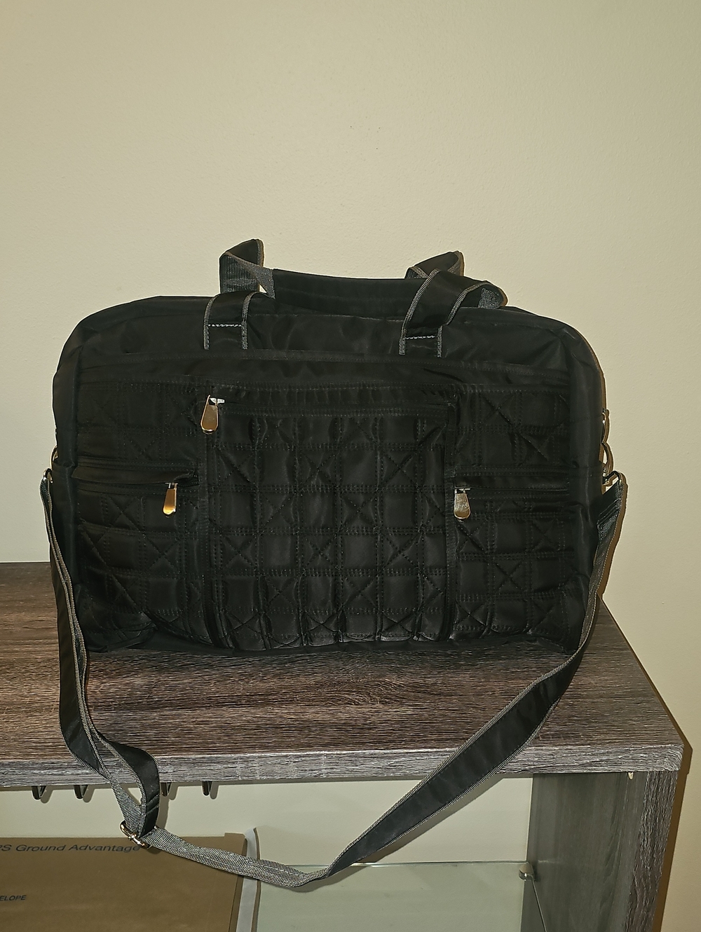 Black Quilted Travel Duffle Bag - Nylon Shoulder Strap And Hand Held